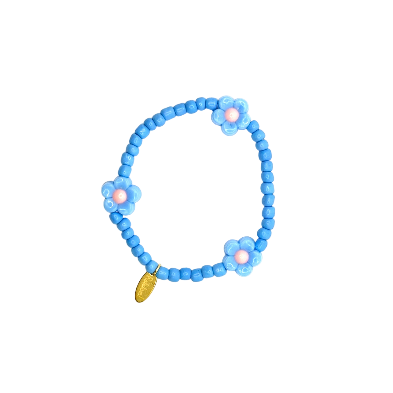 Blue beaded bracelet with a gold accent on a white background