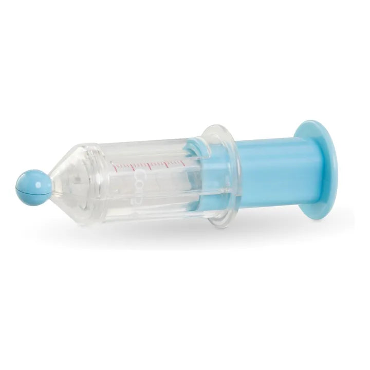 Blue and clear plastic syringe-like tool on a white background