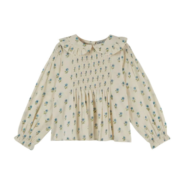 SMOCKED BLOCK PRINT BLOUSE - SCARLET