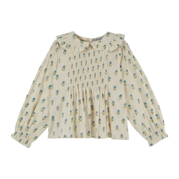 SMOCKED BLOCK PRINT BLOUSE - SCARLET