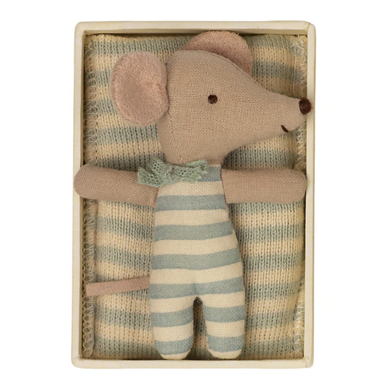 MAILEG BABY MOUSE, SLEEPY/WAKEY IN MATCHBOX - BOY