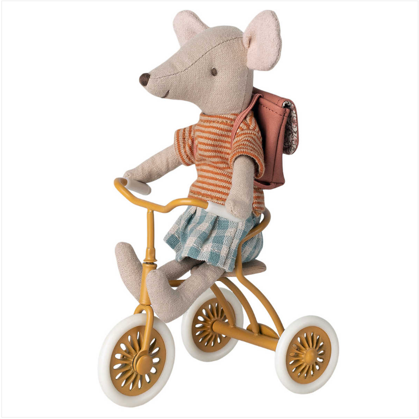 MAILEG TRICYCLE MOUSE, BIG SISTER WITH BAG - OLD ROSE