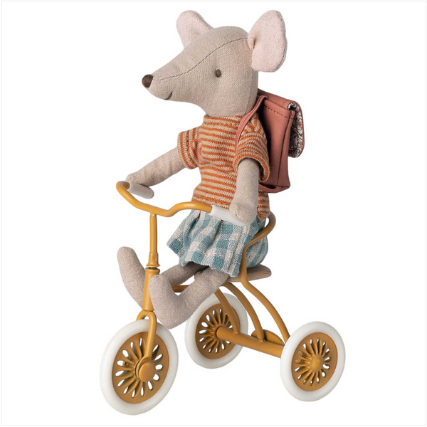 MAILEG TRICYCLE MOUSE, BIG SISTER WITH BAG - OLD ROSE